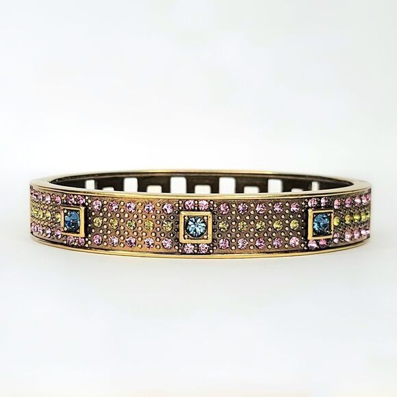 Heidi Daus | Vintage Art Deco 90's Crystal Bronzetone Hinged Bangle Bracelet - Picture 2 of 8